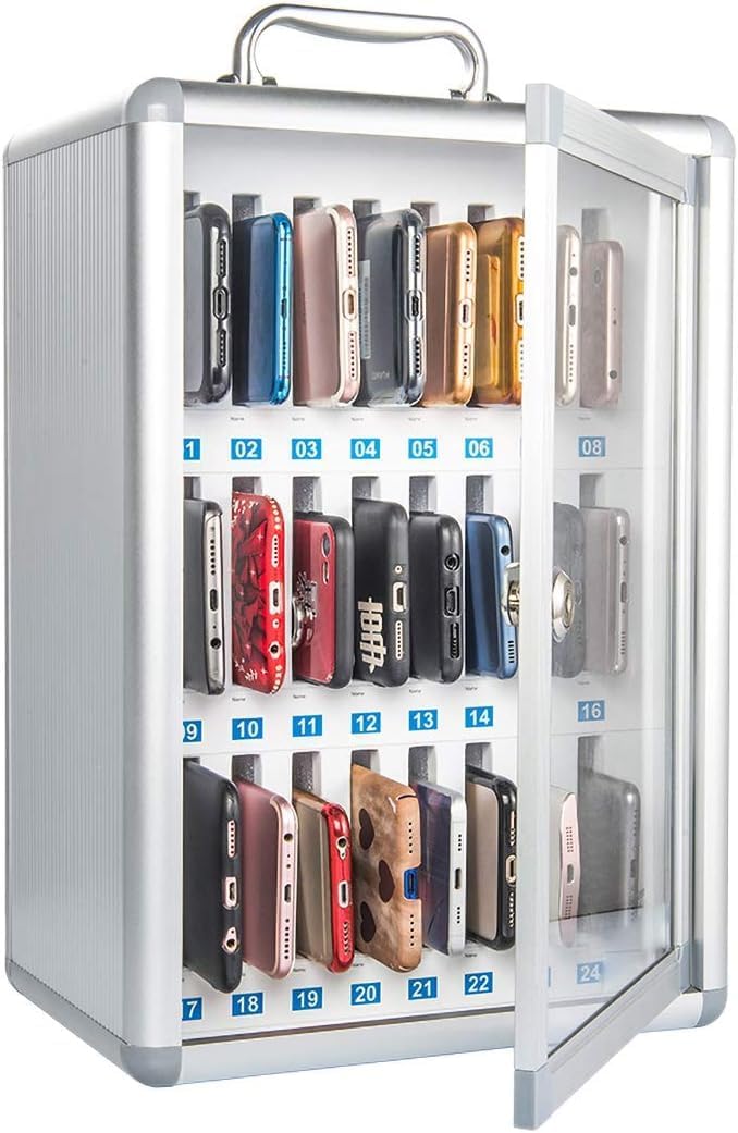 Secure 24-Slot Cell Phone Locker Box with Key Lock | Heavy Duty Aluminum Alloy Mobile Device Storage Cabinet for School, Office, and Factory