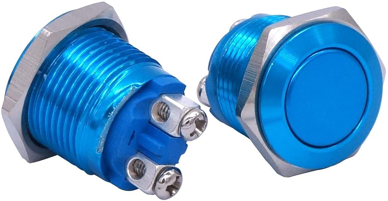 Lot de 2 boutons poussoirs momentanés en métal noir 19 mm 1 NO SPST 3 A/12-250 V (couleur : bleu)