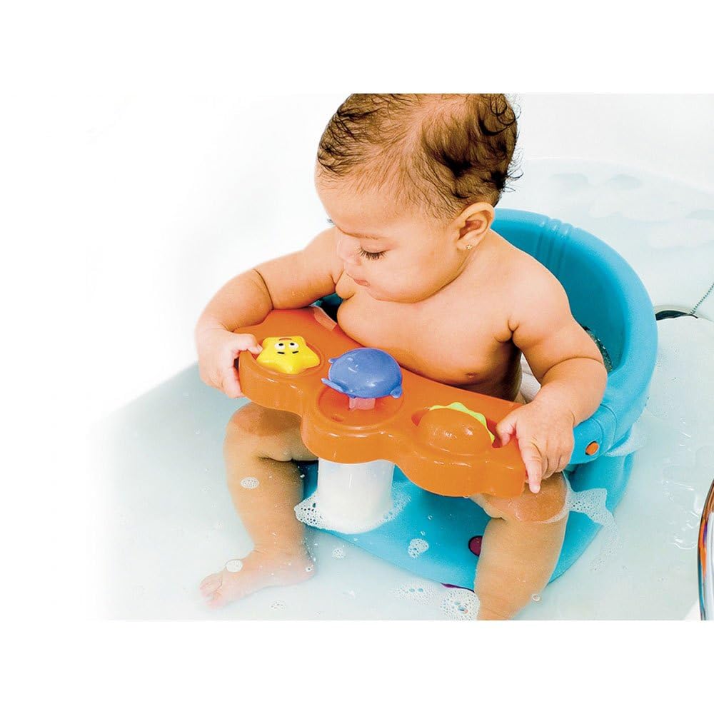 Foppapedretti Seggiolino Da Bagno Tuffetto ,30x38.5x24.5 cm, per Bambini fino a 13 Kg, Dotato di davanzalino con giochini e pompetta spruzza acqua, Bracciolo di protezione, Arancio Azzurro