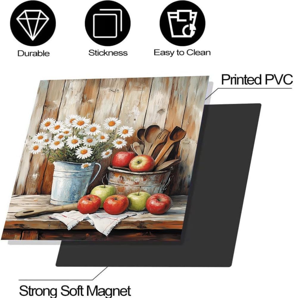 Pastoral Style Daisy Dishwasher Magnet Cover, Magnetic Dishwasher Door Cover Vase Flower Apples Vintage Wood Fridge Magnets Panel Decals Home Decorative Kitchen Appliance Decor Sticker 23Wx26H