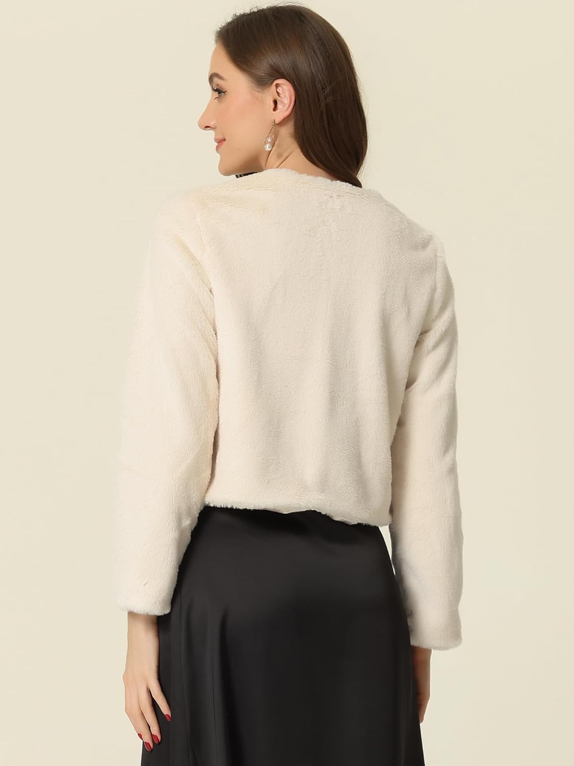 Allegra K Cropped Jacket for Women's Faux Fur with Pockets Long Sleeve Open Front Wedding Bolero Gowns Coat - Image 2