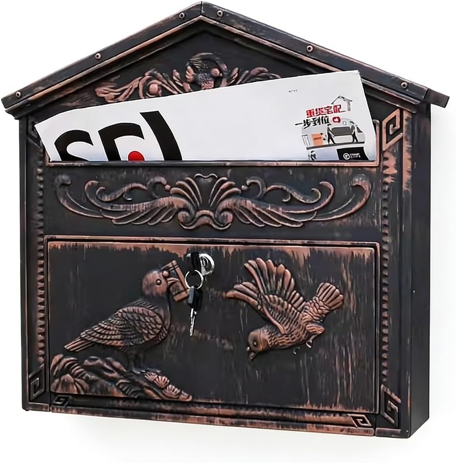 Mail Boxes, Steel Cover Metal Drop Box with Slot for Outside, Waterproof, Medium Curbside Mailbox for Mail Packages Donations Voting(Antique Bronze)
