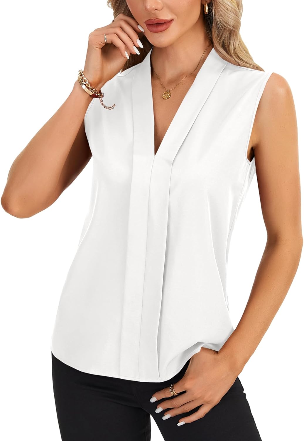 LYANER Women's Elegant V Neck Pleated Sleeveless Blouse Work Shirt Tank Top - Image 3