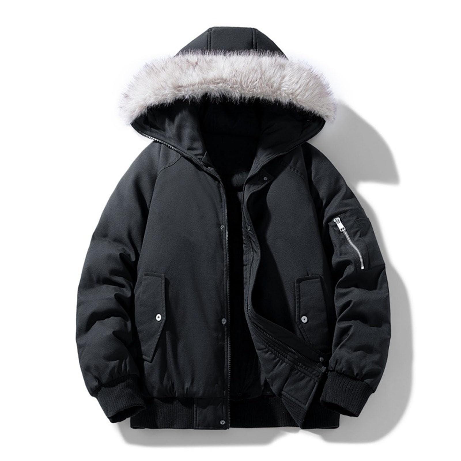 Chaquetas acolchadas con capucha para hombre, con ribete de piel sintética, abrigos cálidos para invierno, gruesos, cómodos, básicos, de color sólido, con bolsillos, chaquetas versátiles para