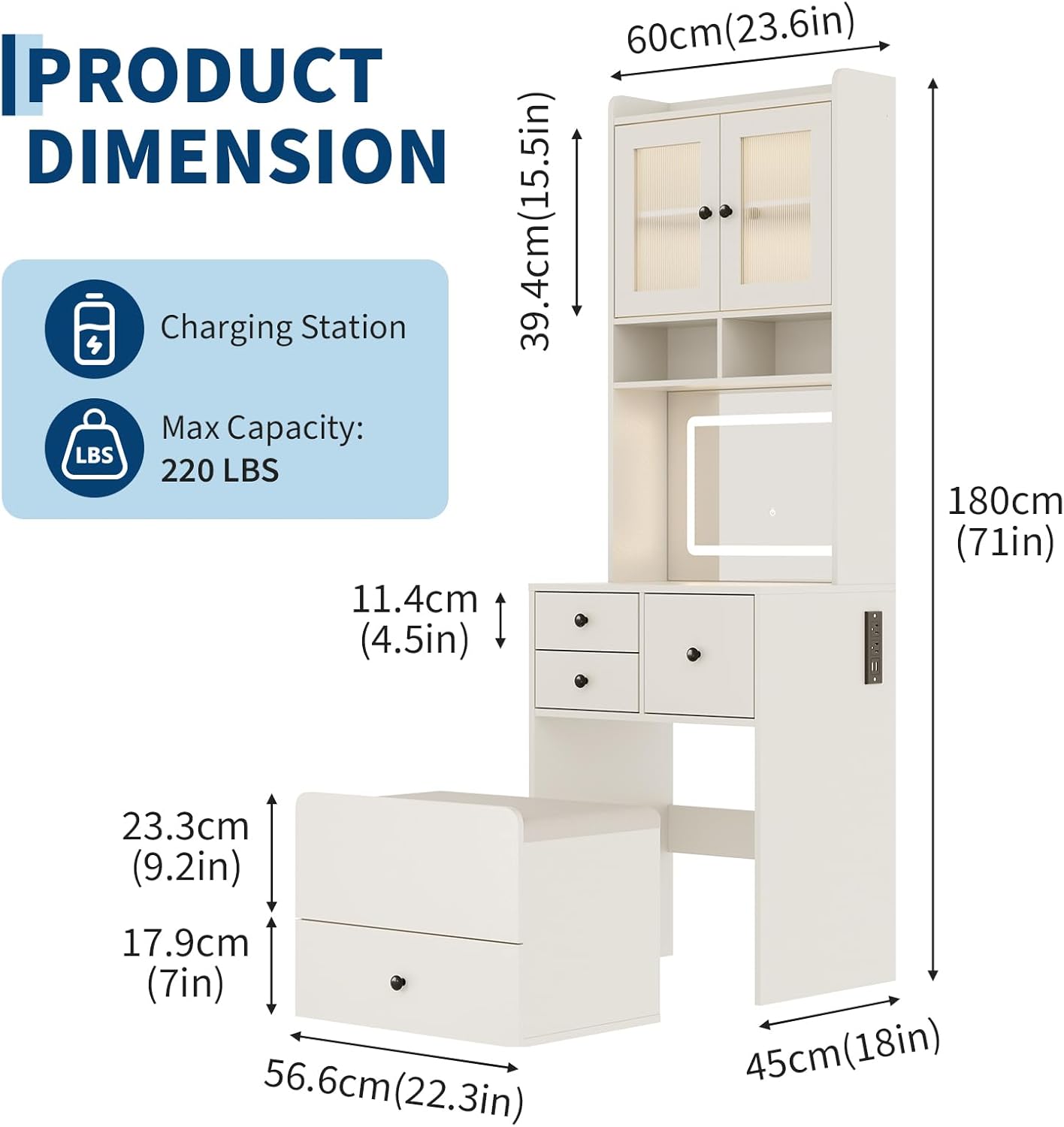 Garvee 3 in 1 Vanity Desk with LED Light, Tall Makeup Vanity Set with 2 AC Outlets & USB-c, Dressing Table with Drawers & Acrylic Doors, Nightstand Vanity Mirror, Jewelry Box, Cushioned Chair, White