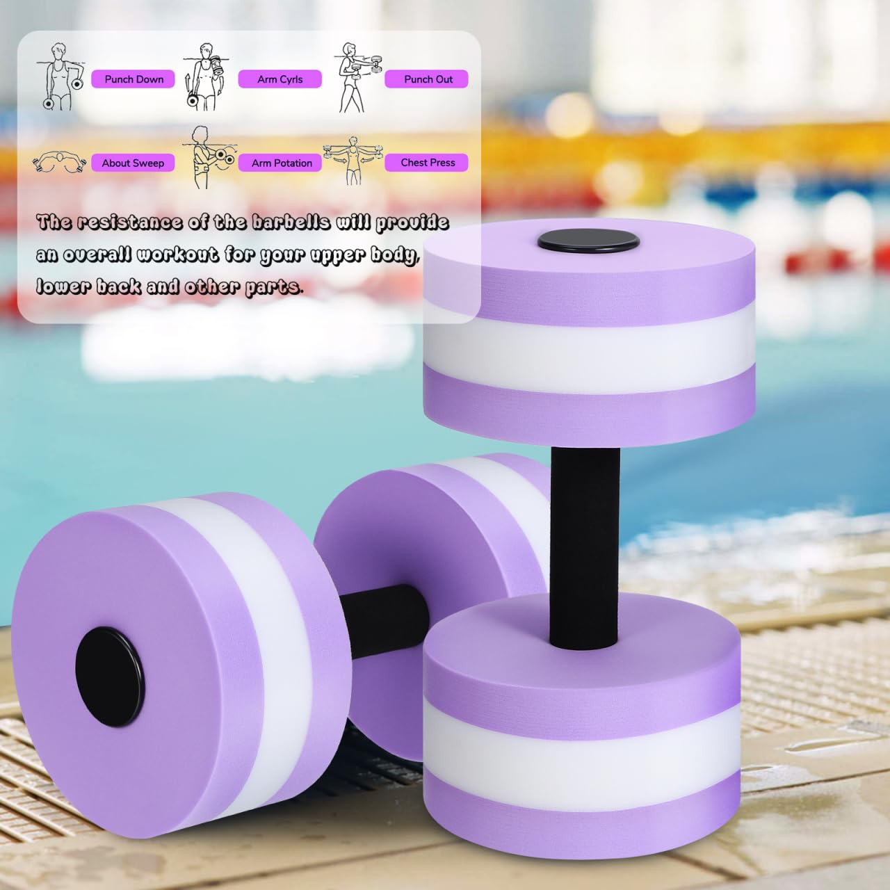 DOITOOL Lot de 2 haltères aquatiques pour exercices de piscine, haltères aquatiques en EVA, résistance à l'eau, haltères d'aérobic, équipement d'entraînement de piscine, violet