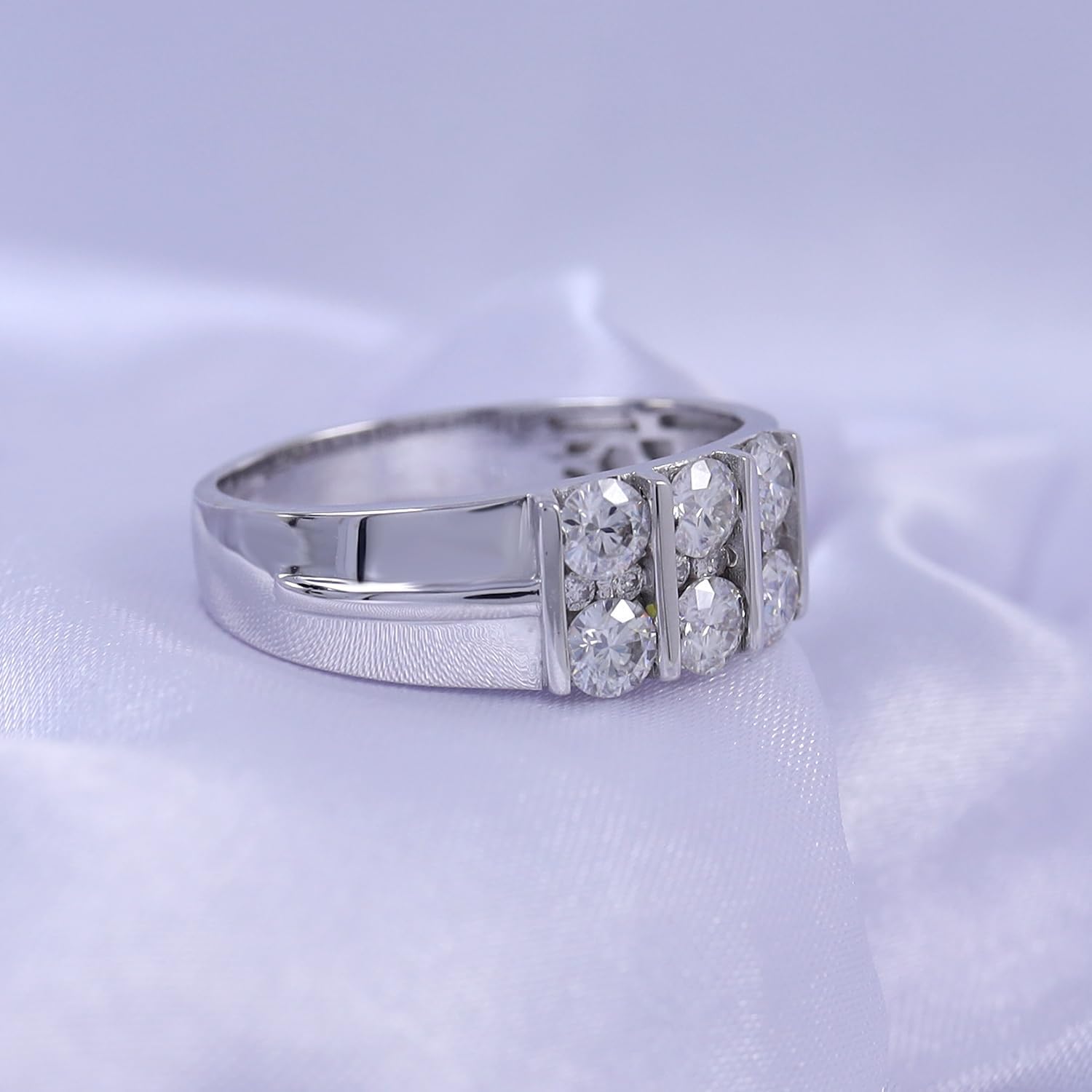 1 1/2 Carat Round Cut Lab Created Moissanite Channel Set Men's Three Row Anniversary Wedding Band Ring In 14K Gold Plated Sterling Silver (VVS1 Clarity, 1.50 Cttw) - Image 5