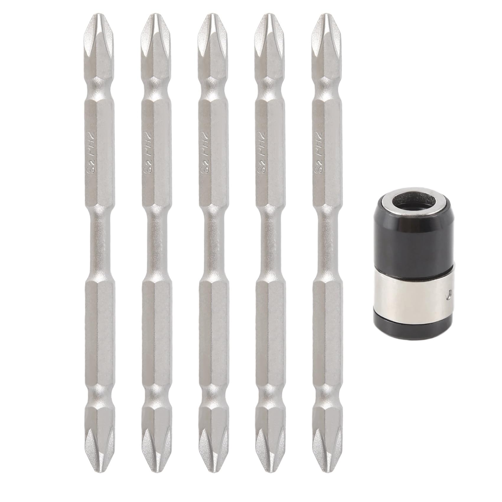 Littimoon 5Pcs S2 Screwdriver Bits Set 100Mm Strong Magnet Driver Steel Double Head Hex Shank with Magnetizer Ring
