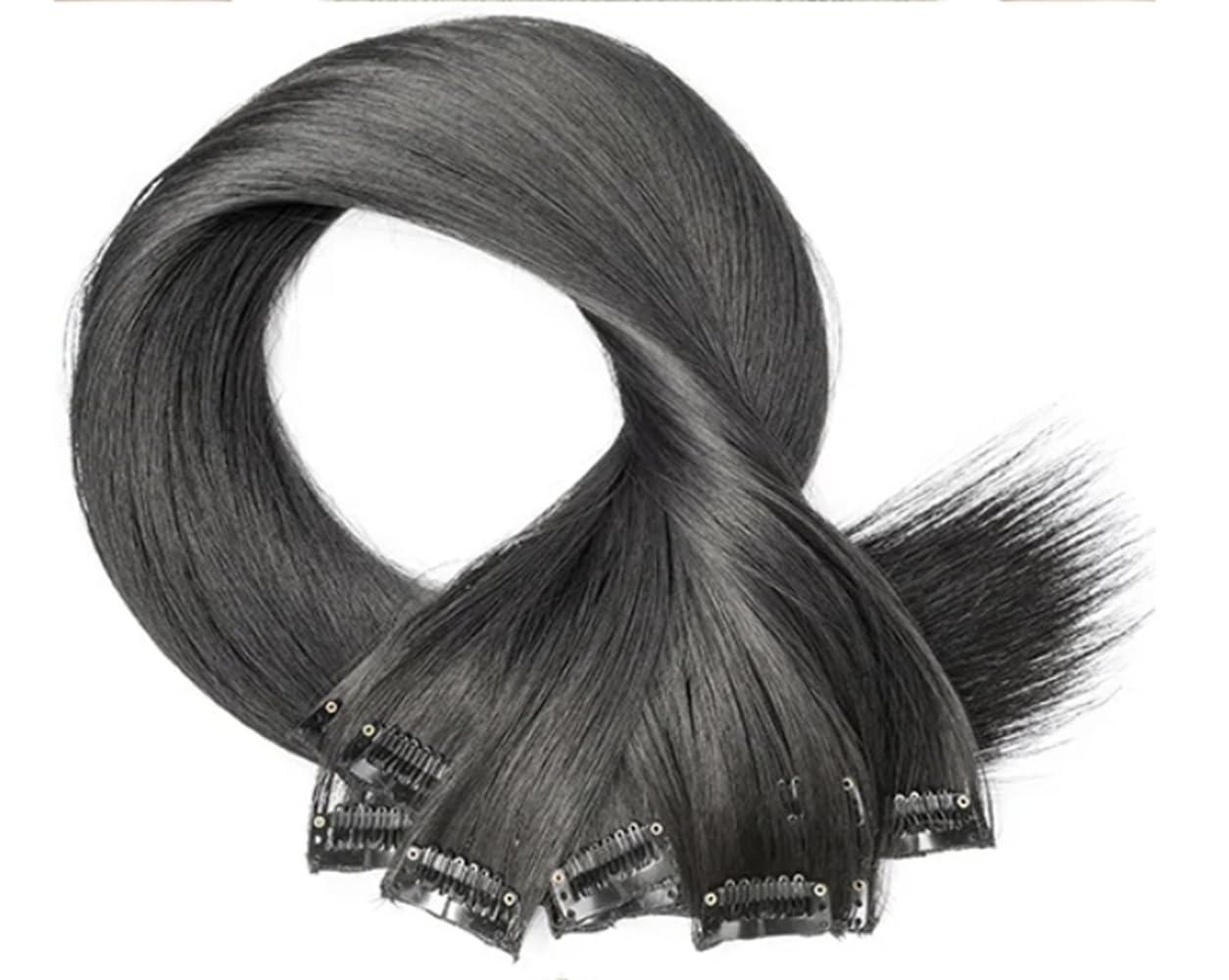Clip In Human Hair Synthetic Full Head Hair Extension Highlights Streaks (Natural Black Straight, Full Pack) - Image 4