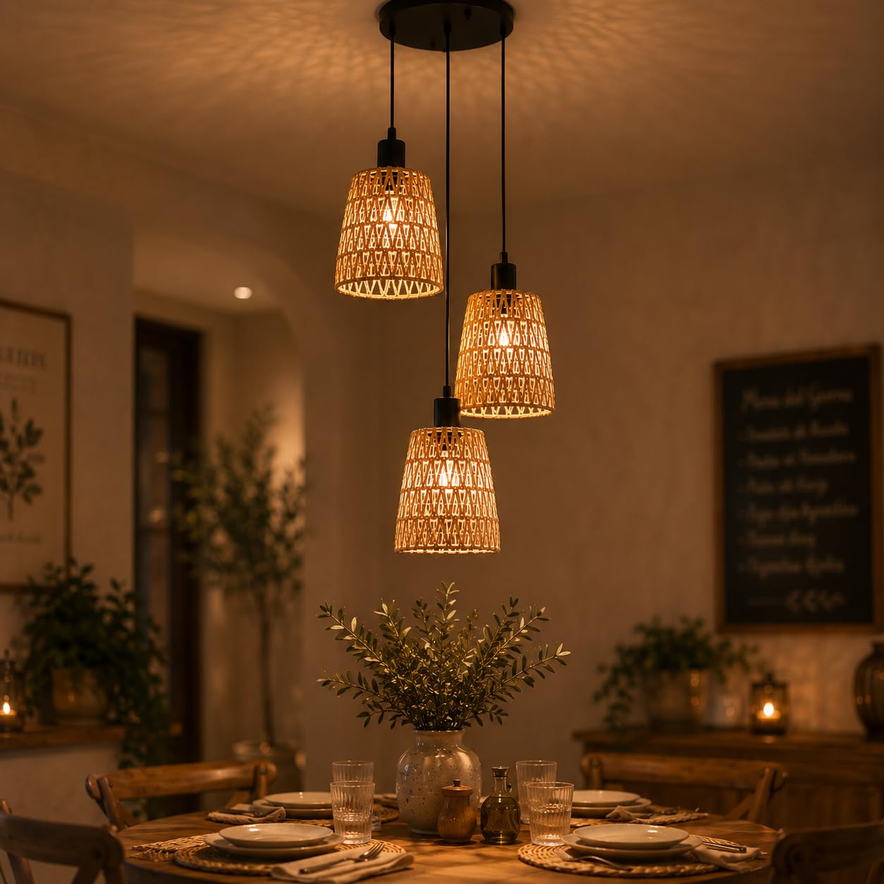 Lámpara colgante bohemia de ratán con 3 luces para mesa de comedor, lámpara | colgante vintage tejida con pantalla de cuerda de cáñamo, casquillo E27, para comedor y dormitorio/Bombilla no incluida