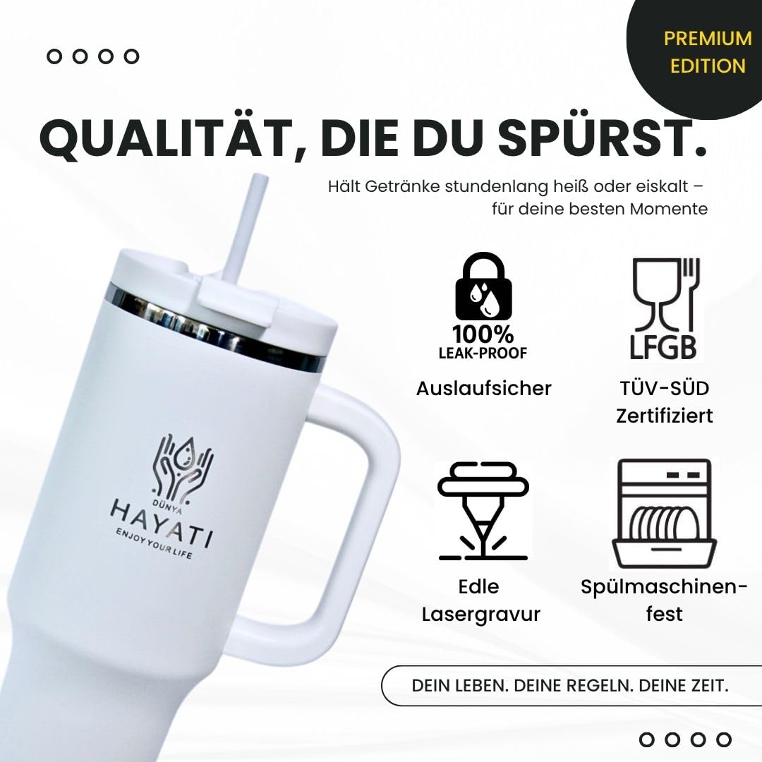 Gobelet isotherme de qualité supérieure 1,2 l/40 oz – Certifié TÜV, certifié LFGB – Sans BPA | Anti-fuite avec couvercle et paille | Gobelet en acier inoxydable avec gravure au laser, 8 h