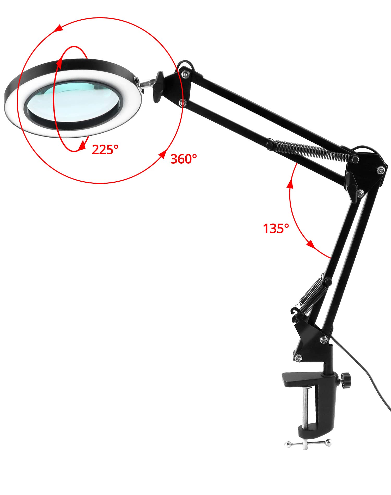 QWORK® LED de Lupa con Abrazadera y Base, lámparas de Aumento 10X, 3 Modos de Color y 10 Brillos Regulables, lámpara de Brazo Giratorio Ajustable, Negro