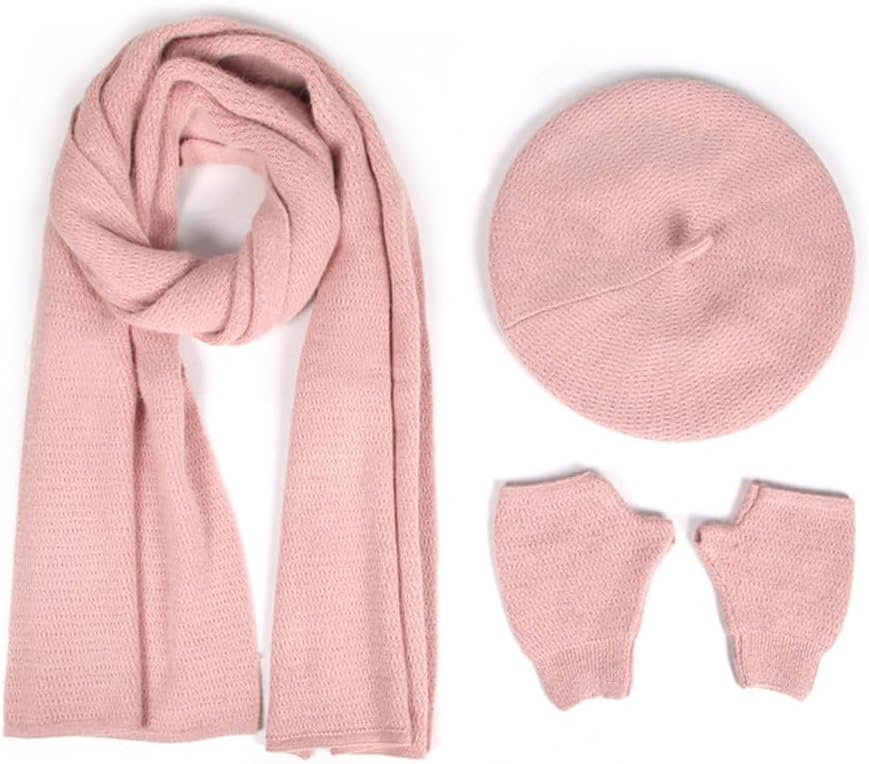 3pcs Spring Fall Winter Hat Scarf Gloves Set for Women, Painter Cap Beret Hat Fingerless Gloves Neck Scarves