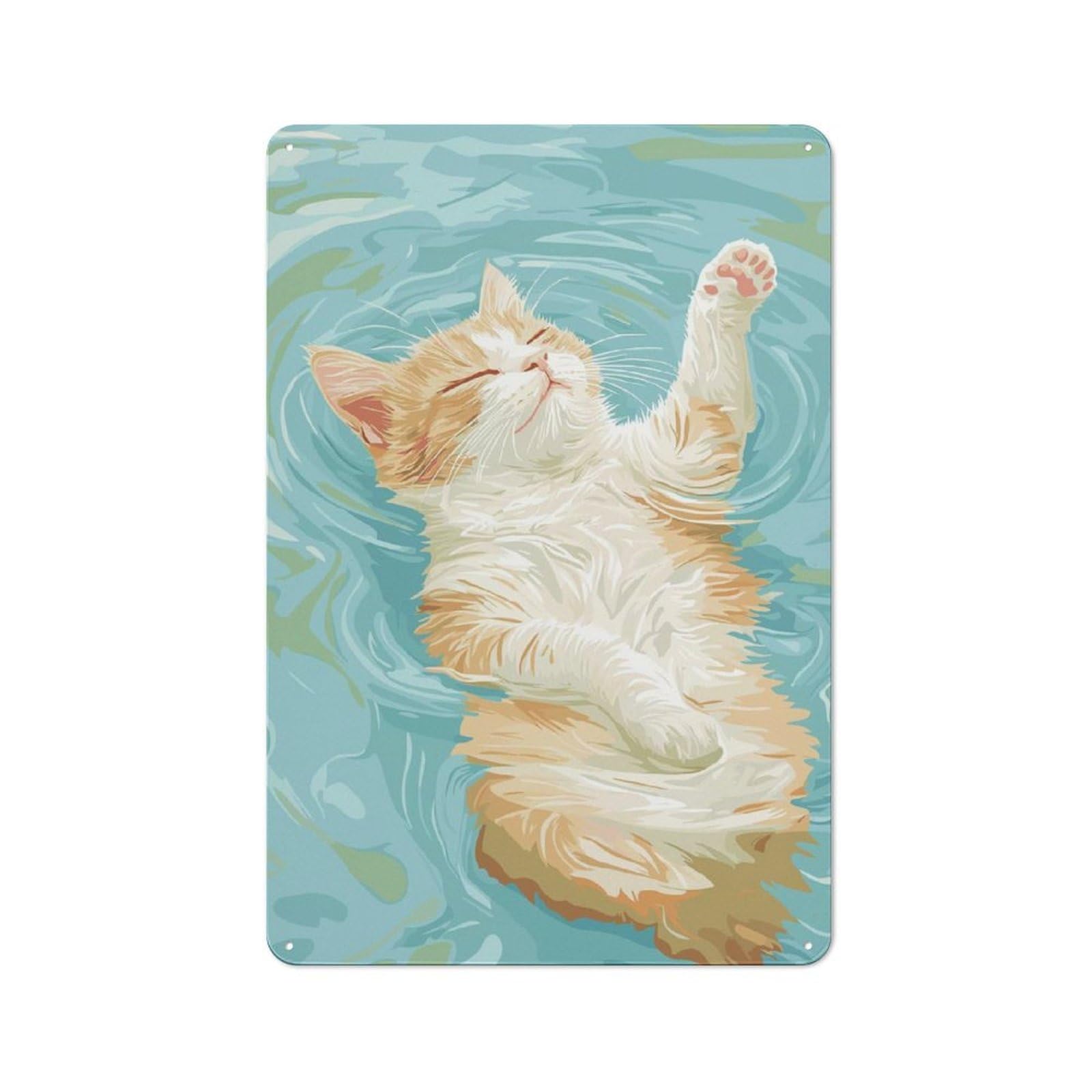 Junmoney Style-1 For Hobby Room Or Studio, Relaxing Cat In Water Illustration Retro Metal Sign 30X20cm, A Decorative Gift For A Newly Furnished Hobby Room And Studio