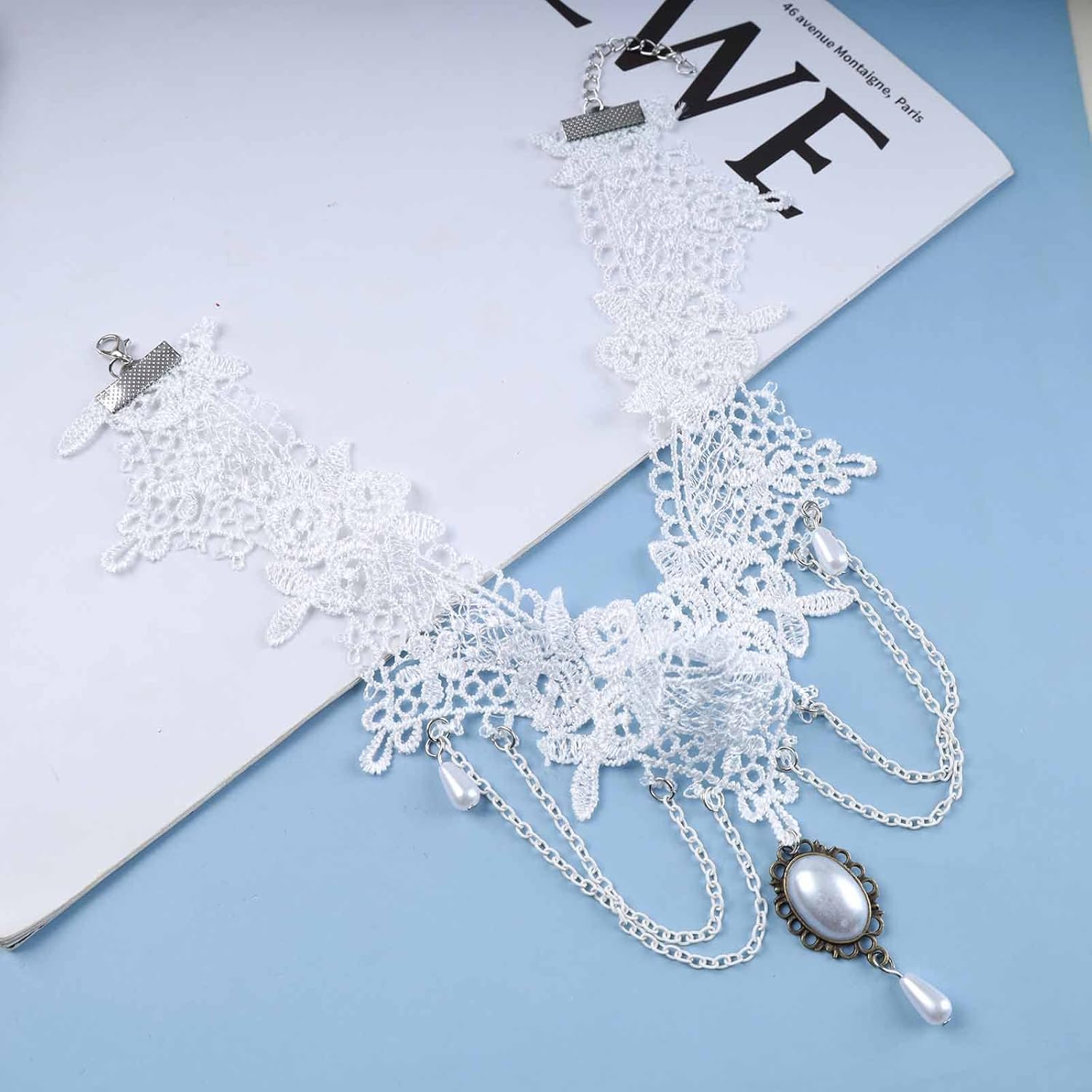 Punk White Lace Choker Necklace Steampunk Lace Necklace Pearl Chain Tassel Necklaces Bridal Pearl Necklaces Halloween Choker Jewelry for Women - Image 3