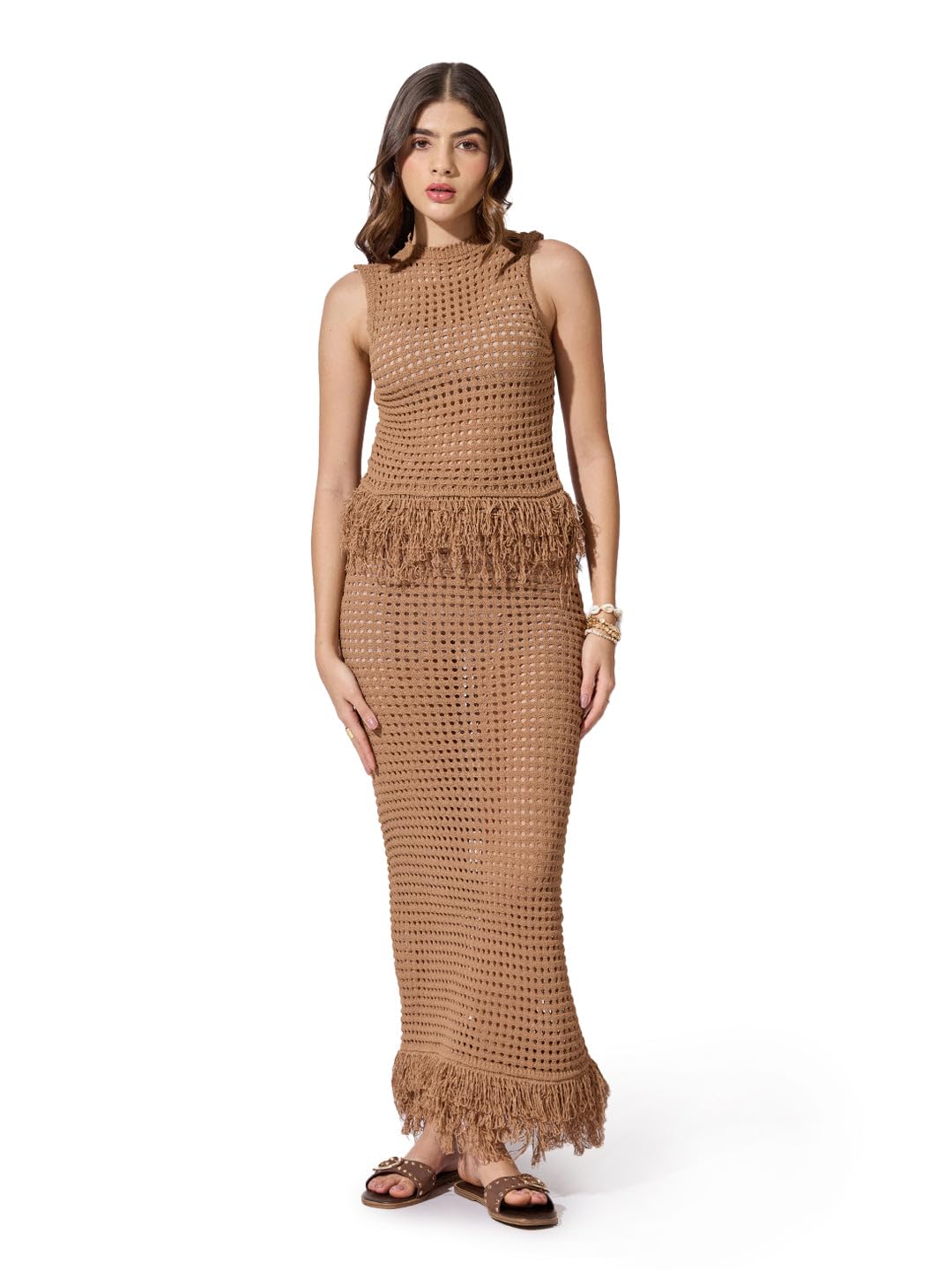 Edition Women's Crochet Brown Fringe Hem Top & Maxi Skirt Co-Ord Set-CHN-V-75_Brown-P-image-39
