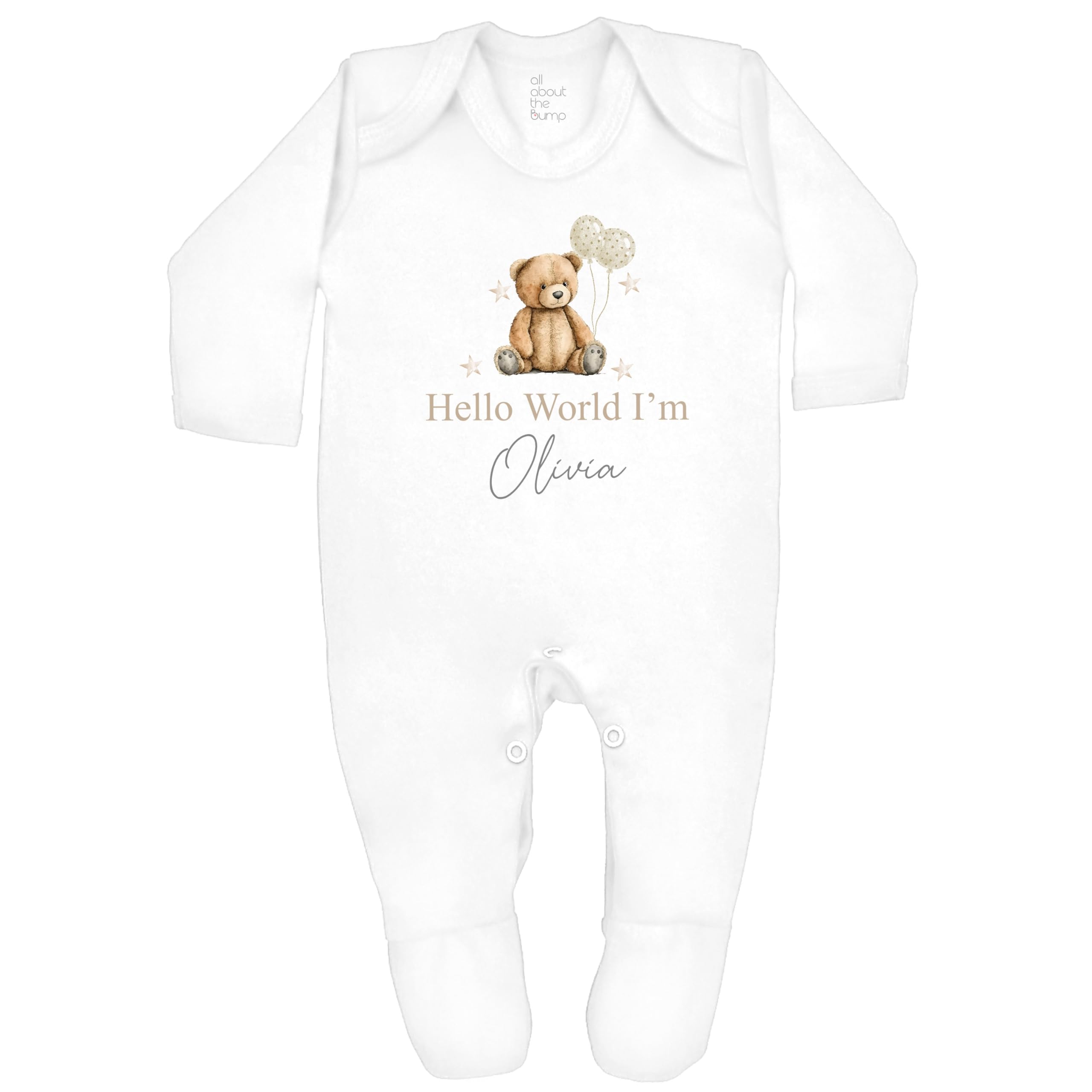 Hello World Beige Teddy Bear Personalised Unisex Boys Girls Baby Clothing Bodysuit Sleepsuit for New Baby Arrival Coming Home Outfit