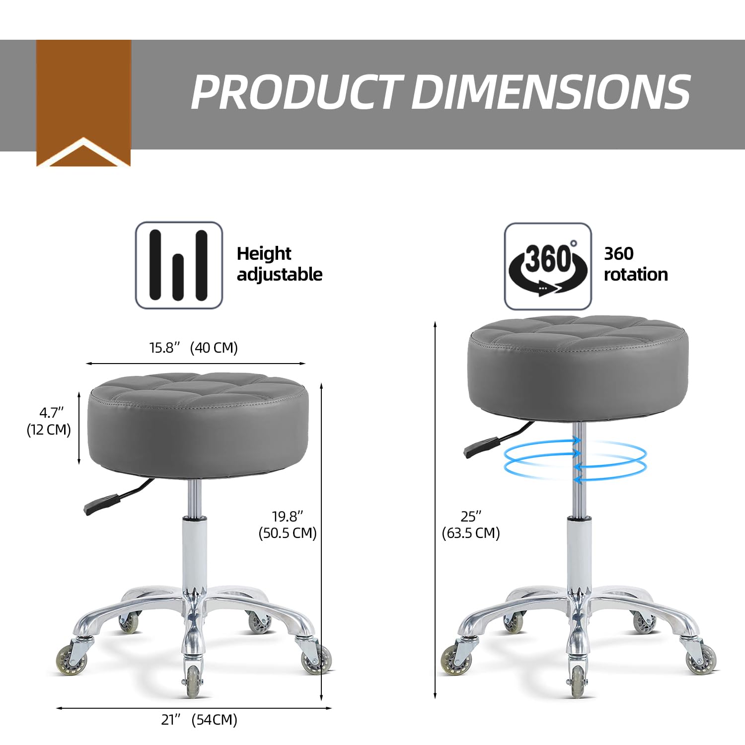 Ainilaily Tabouret à roulettes réglables en Hauteur pour Massage, Tatouage médical, Spa, Bureau pivotant Robuste (Coussin Super épais, Gris)