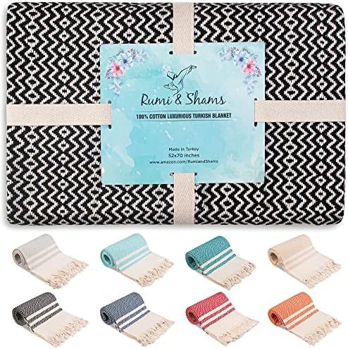 Rumi&Shams Cotton Throw Blankets | Turkish Blanket (52x70 Inches - 8 Colors) | 100% Turkish Cotton Sofa Throw | Striped Chevron Pattern | Summer Throw Blanket | Black Throw Blanket for Couch