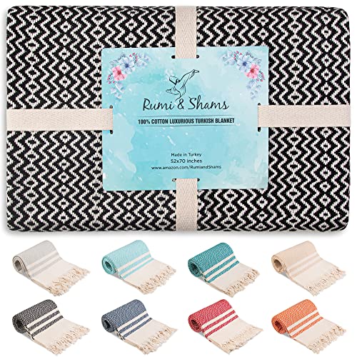 Rumi&Shams Cotton Throw Blankets | Turkish Blanket (52X70 Inches - 8 Colors) | 100% Turkish Cotton Sofa Throw | Striped Chevron Pattern | Summer Throw Blanket | Black Throw Blanket For Couch #TOP3