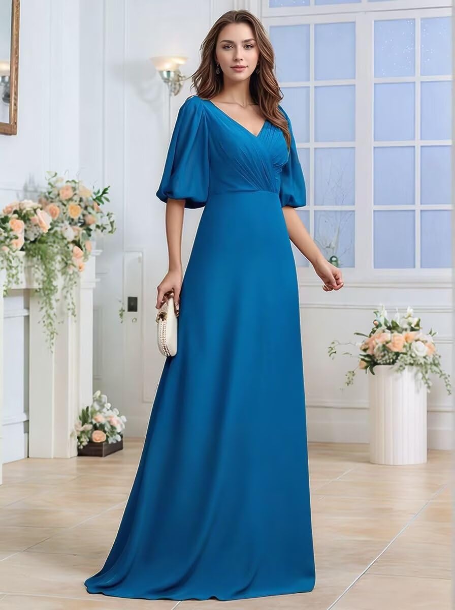 Chiffon V Neck Mother of the Bride Dresses Short Sleeves Wedding Guest Dress Long Formal Evening Gown