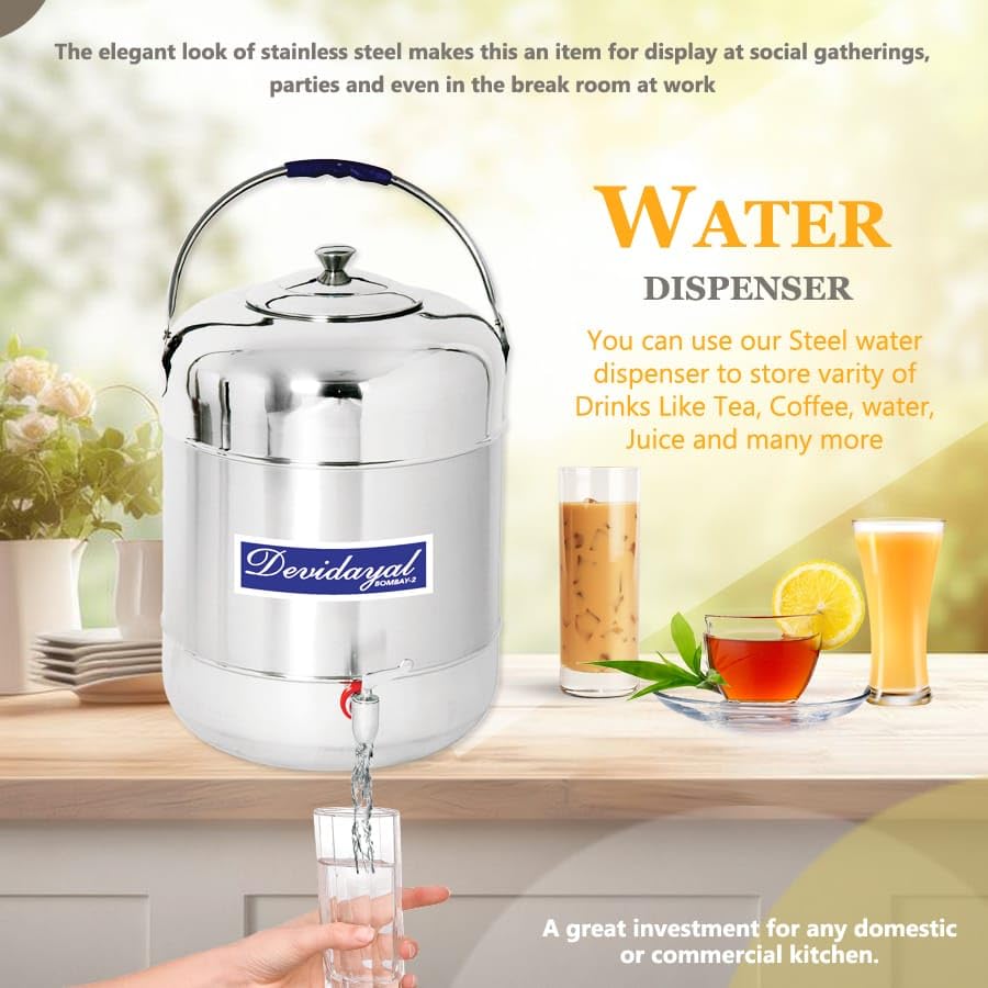 Image of Stainless Steel Water Dispenser with Tap | Water Storage Container with Steel Handle | 25 Liters Steel Matka /Pot for Drinking | Silver