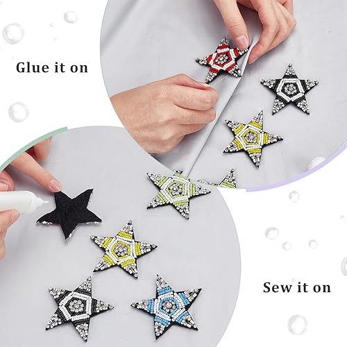 Miniatura 3 de BEUNITONE 5 parches de estrellas de diamantes de imitación para ropa para coser en parches de estrellas con cuentas de diamantes de imitación de