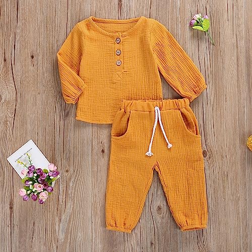 2Pcs Toddler Baby Boy Girl Clothes Cotton Linen Outfit Solid Color Long Sleeve T-Shirt Tops Elastic Waist Pants Set2