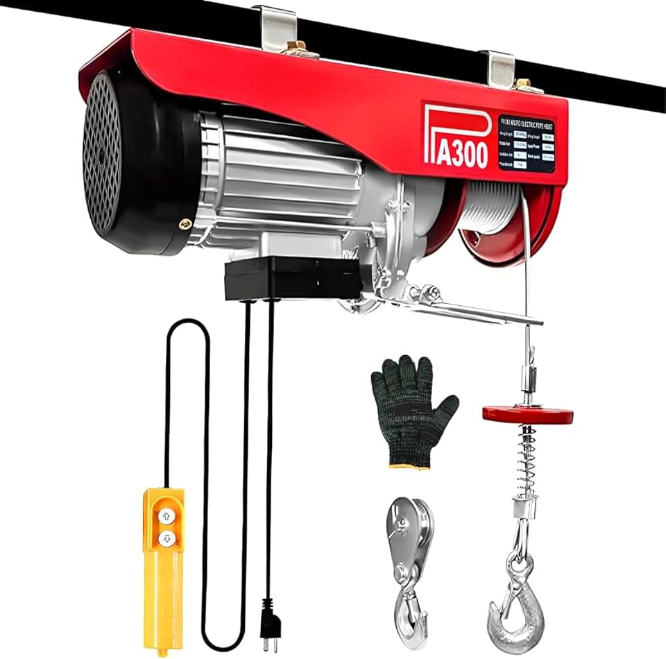 FINYQBET Guincho Elétrico 300kg 12m - Dupla Carga (150kg/300kg), Altura Ajustável (6m/12m), Motor 600W Cobre Puro, IP54 - Ideal para Obras, Fábricas e Oficinas (110, Volts)