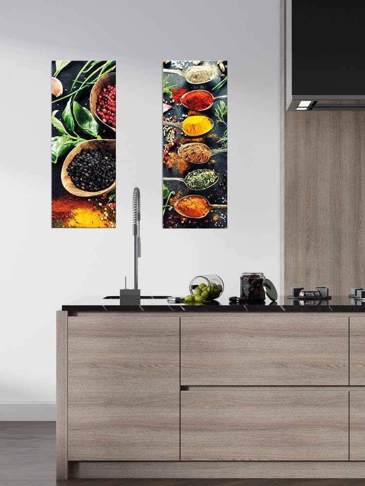 artissimo Glasbild Küche 80x30 cm Küchenbild: Gewürze AG1866A – Bild aus Glas, Wandbild Hochformat hochkant schmal, moderne Küchendeko schwarz