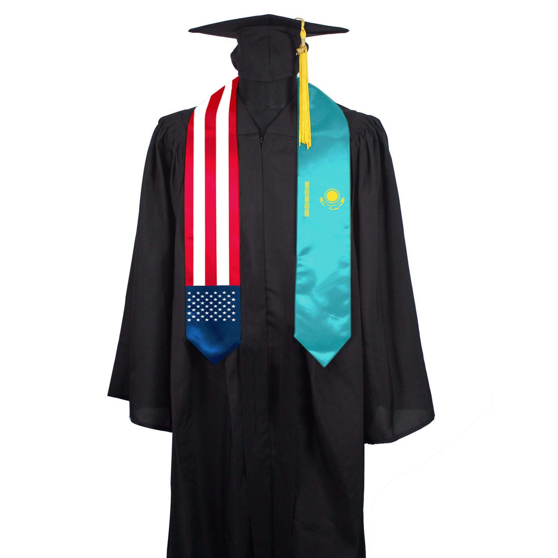 SECUNL Kazakhstan National & USA Flag Graduation Stole Sash Scarf Double Sided International Student Graduation Decoration Item Gift