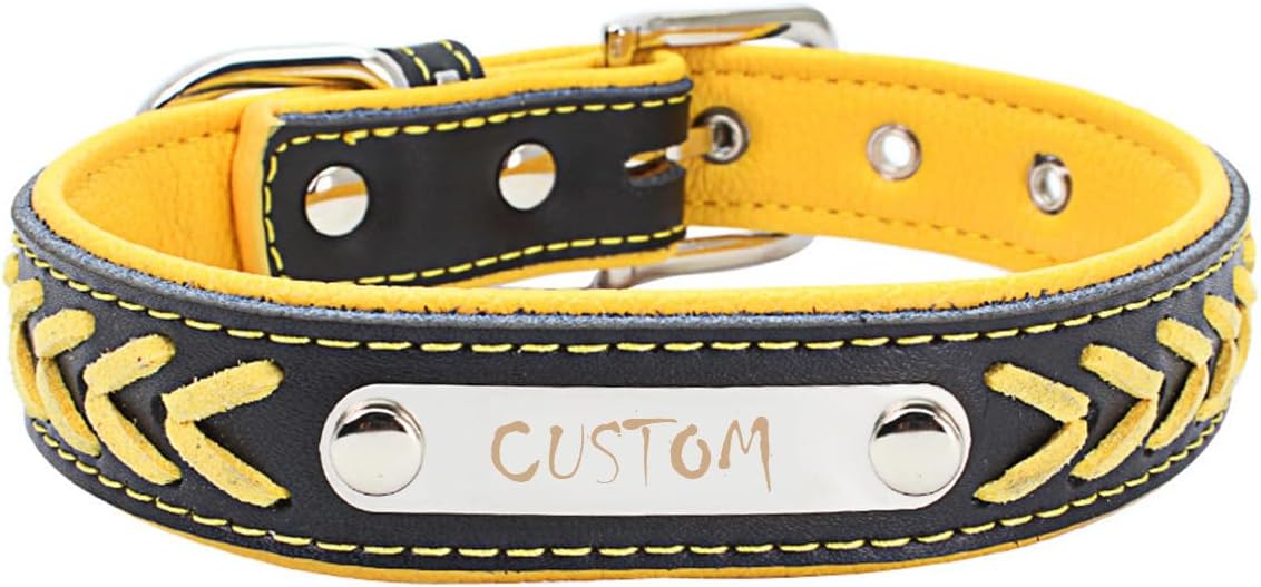 Custom Leather Dog Collar with Personalized Engraving Nameplate, Customize Padded Dog ID Collars Engraved Name Number for Small Medium Large Dogs,with Leash,Black/Red,L Size,1 Inch Wide
