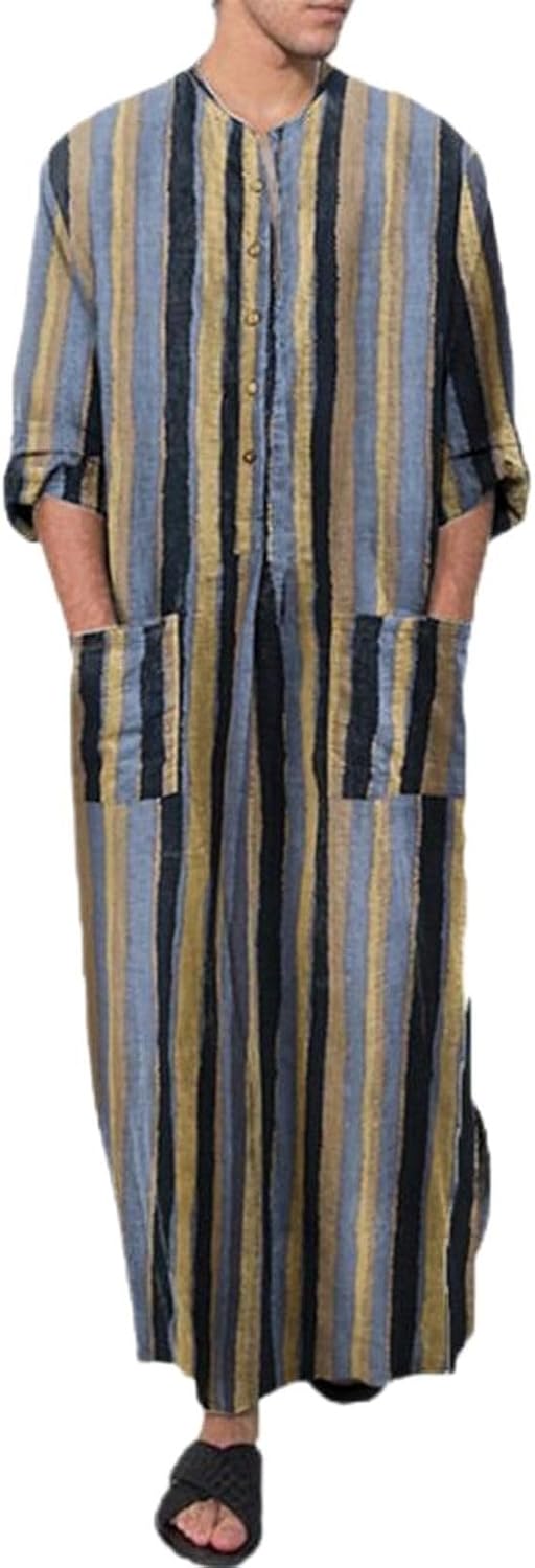 Men's Kaftan Robe 3/4 Sleeve Printed Long Gown | Cotton Nightshirts,Button UP,Nightshirt,Vintage Thobe,Side Split Thobes,with Pockets