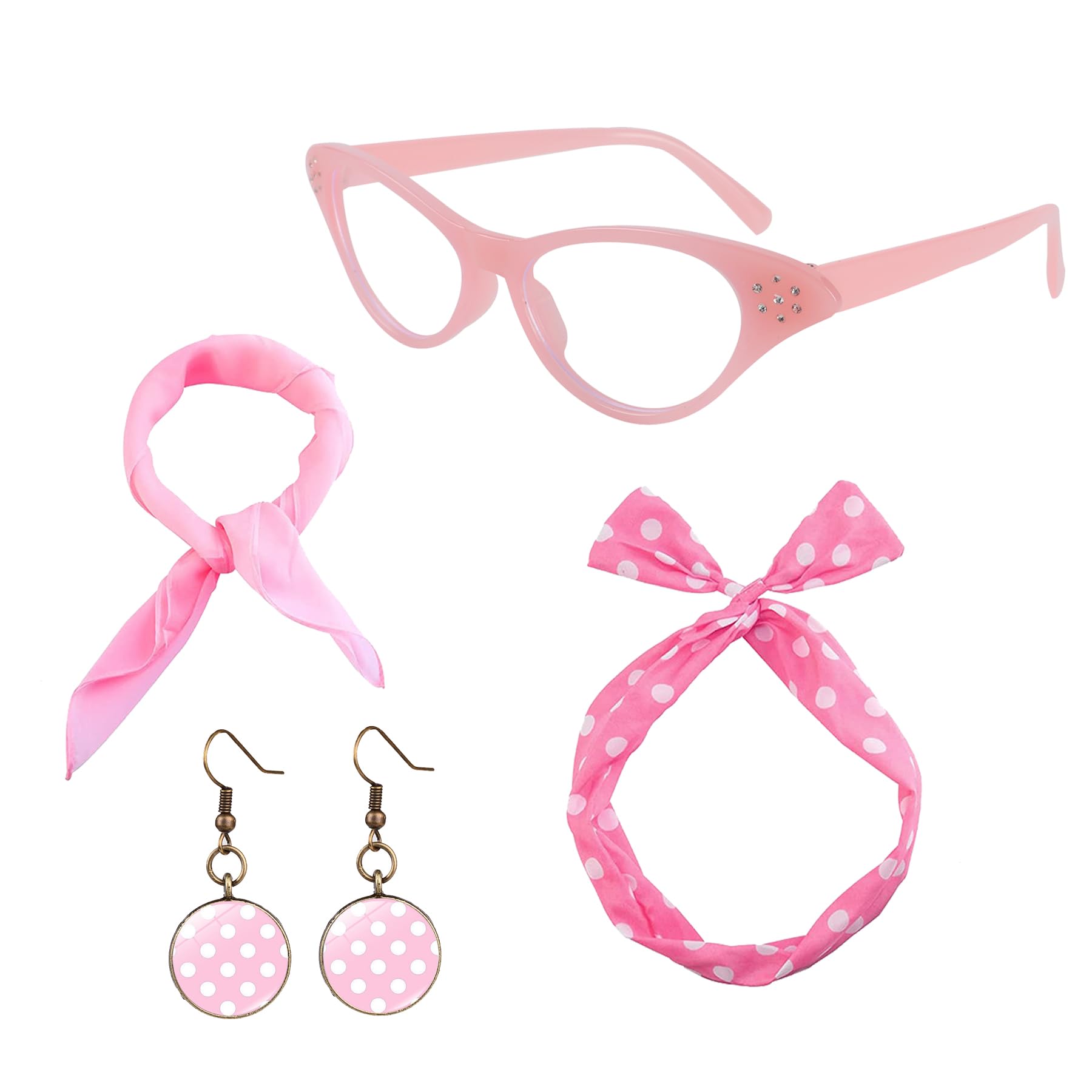 BAIYSFFG 50s Costume Accessories for Women 1950s Fancy Dress Kit Cat Eye Glasses Polka Dot Bandana Tie Headband Earrings Ladies Grease Fancy Dress for Women Ladies 1950s Retro Party Decor (Pink)
