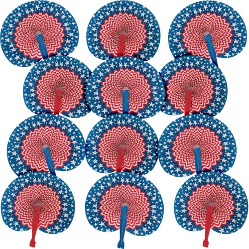 Fun Express 4th of July Patriotic Paper Hand Fans (12 Pack) Red White and Blue American Flag Folding Fans for Independence Day Party Supplies Memorial Day Parades and Summer Decorations (10.5)