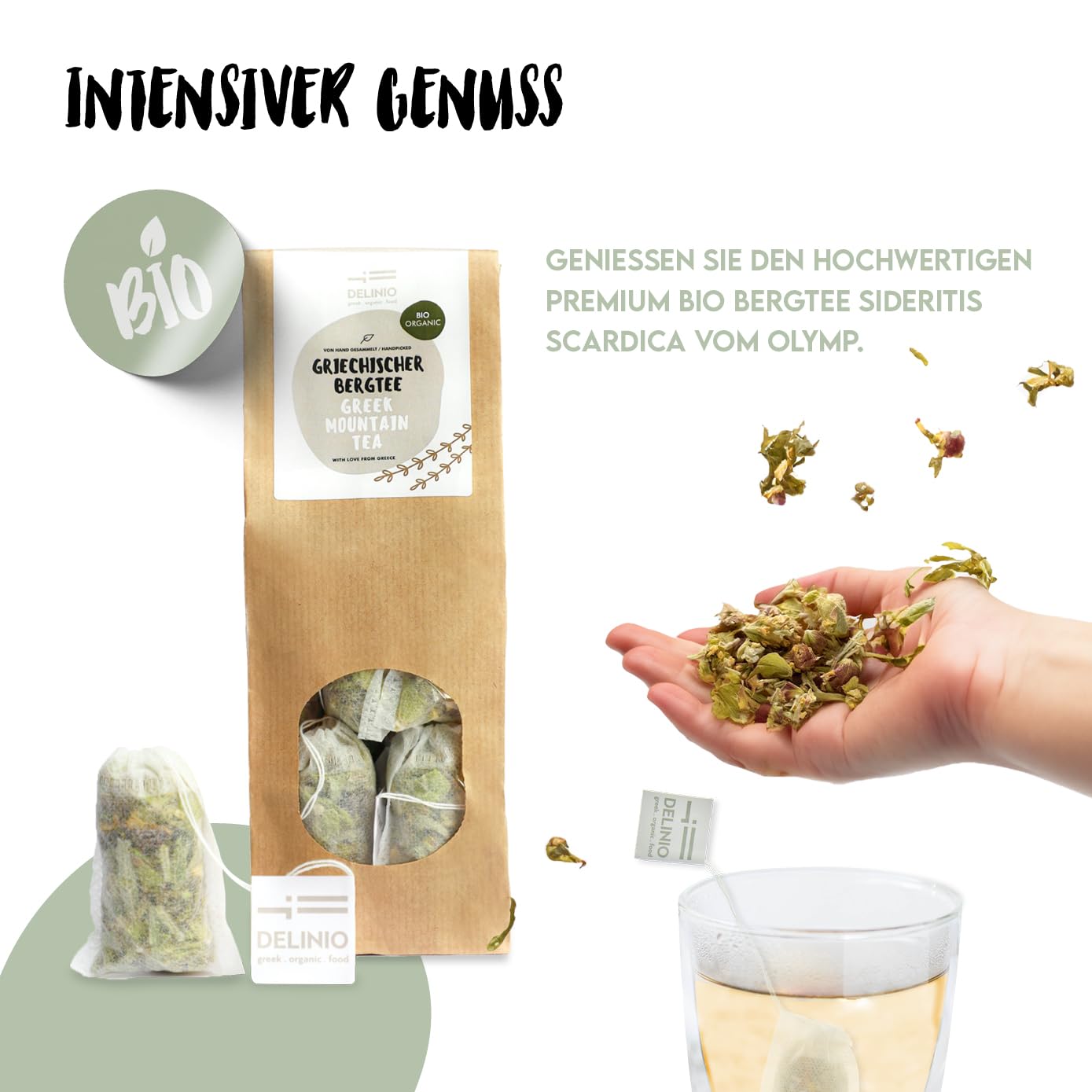 DELINIO Griechischer Bergtee Sideritis Scardica Bio - 10er-Pack (100 Teebeutel, je 2 g) - ergiebig: 1 Beutel bis 1 L - handgeerntet in Griechenland, ohne Zusätze, koffeinfrei - heiß oder als Eistee