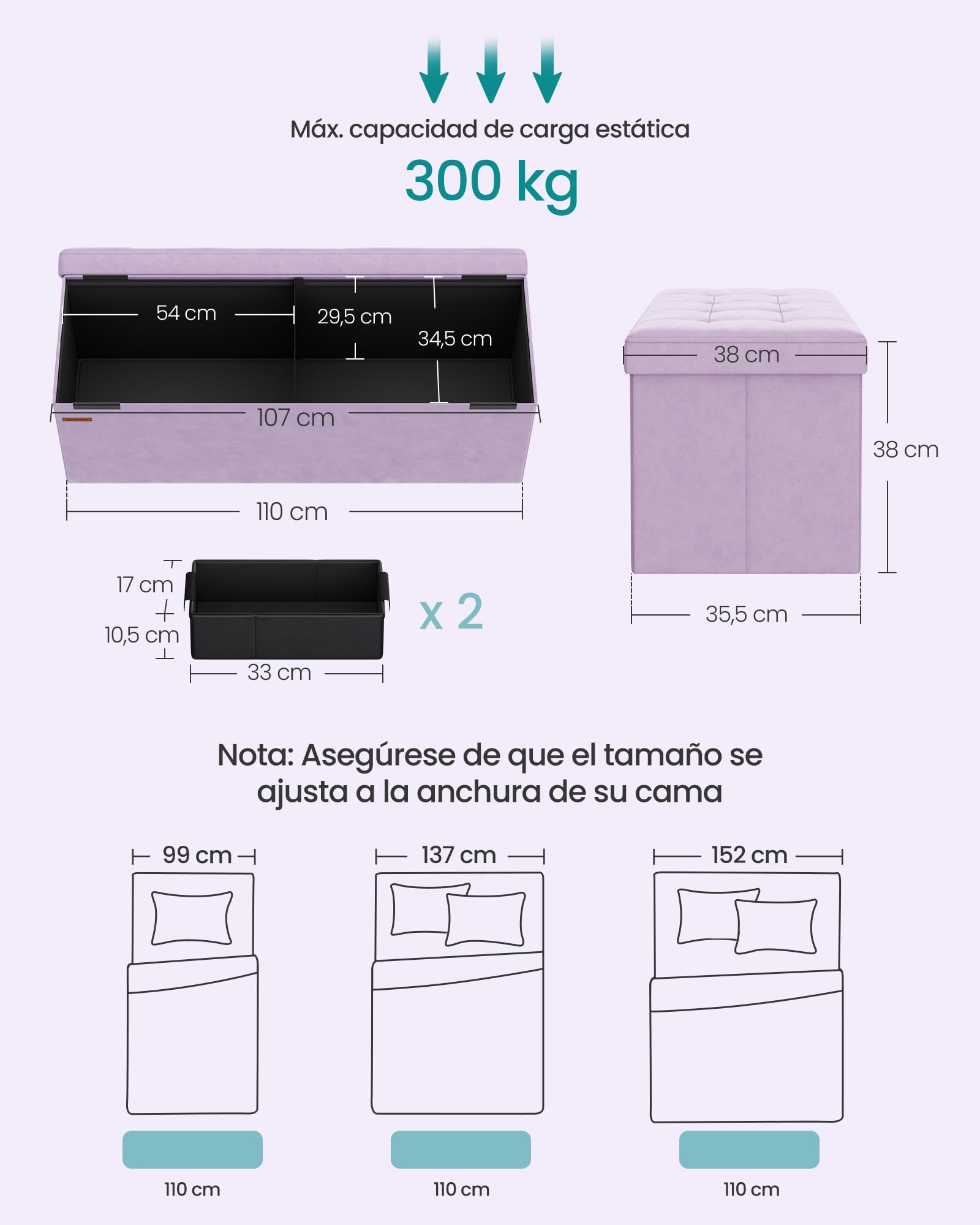 SONGMICS Puff Almacenaje, Baúl de Almacenaje Plegable, 38 x 110 x 38 cm, Taburete Reposapiés, Banco de Cubo, Soporta hasta 300 kg, para Sala de Estar, Dormitorio, Entrada, Lila Claro LSF277P01