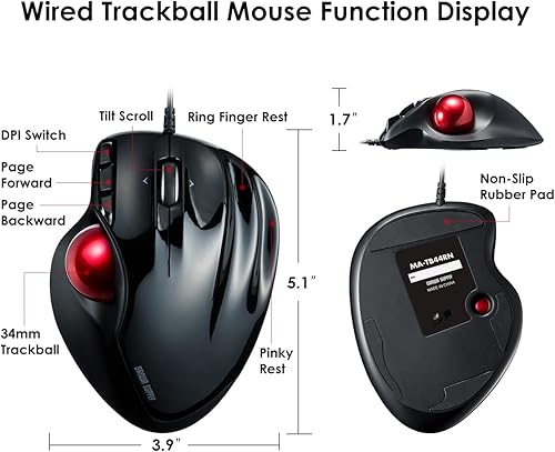Miniatura 8 de SANWA Ratón ergonómico con cable ratones Rollerball para computadora sensor láser Trackball de 1339in 40080012001600 DPI ajustable 5 botones