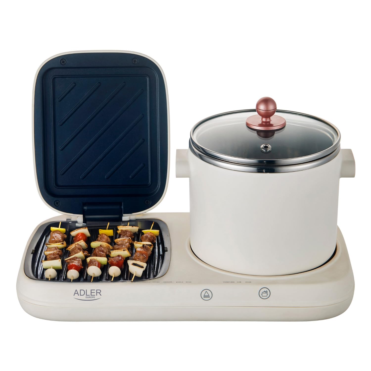 ADLER EUROPE AD 6421 Stazione di colazione 2 in 1 con pentola da 1,0 L e superficie antiaderente per griglia | Design retrò | per piccole cucine | Multifunzionale 1100-1320 W