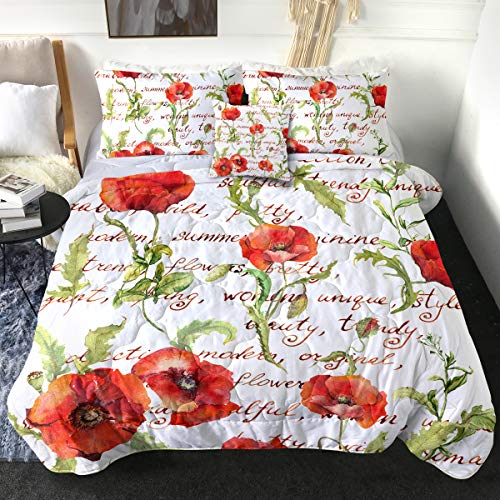 Sleepwish Poppy Flowers Comforter Set, Watercolor Red Floral Bedding, Natural Pattern With Hand Written Notes Text On White, Super Soft Lightweight Quilt Sets (4Pcs, Twin Size) #TOP18