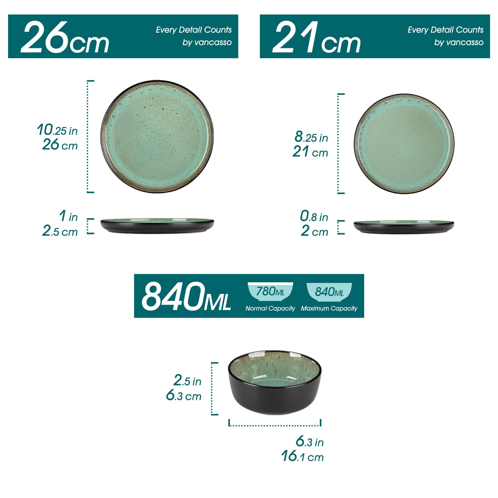 vancasso AMBER Servizio Piatti per 12 Persone, Set Piatti Moderni 36 Pezzi in Gres - 12 Piatti Piani, 12 Piatti Dessert e 12 Ciotole Cereali - Adatto per Lavastoviglie e Microonde - Smalto Verde