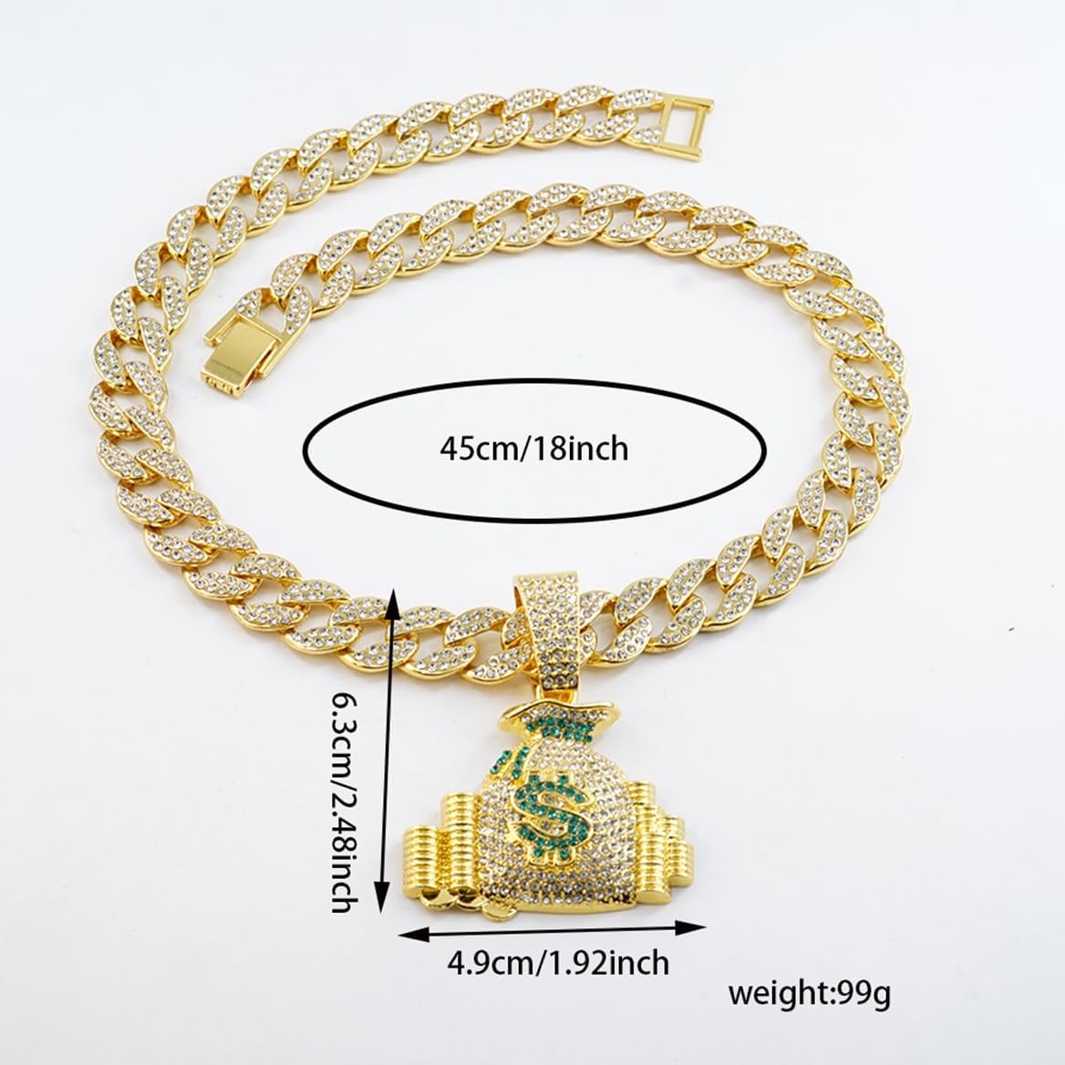 Men’s Hip Hop Rhinestone Dollar Money Bag Pendant Necklace Rock Rapper Jewelry, Gothic Punk Rock Iced Out Gold Lucky Dollar Sign Cuban Link Chain for Men