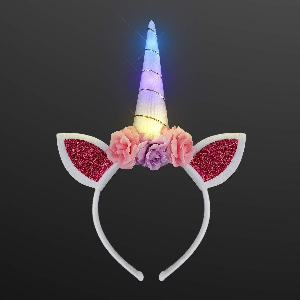 Light Up Unicorn Headband with Ears, Flowers & Magical Color Changing LED Horn