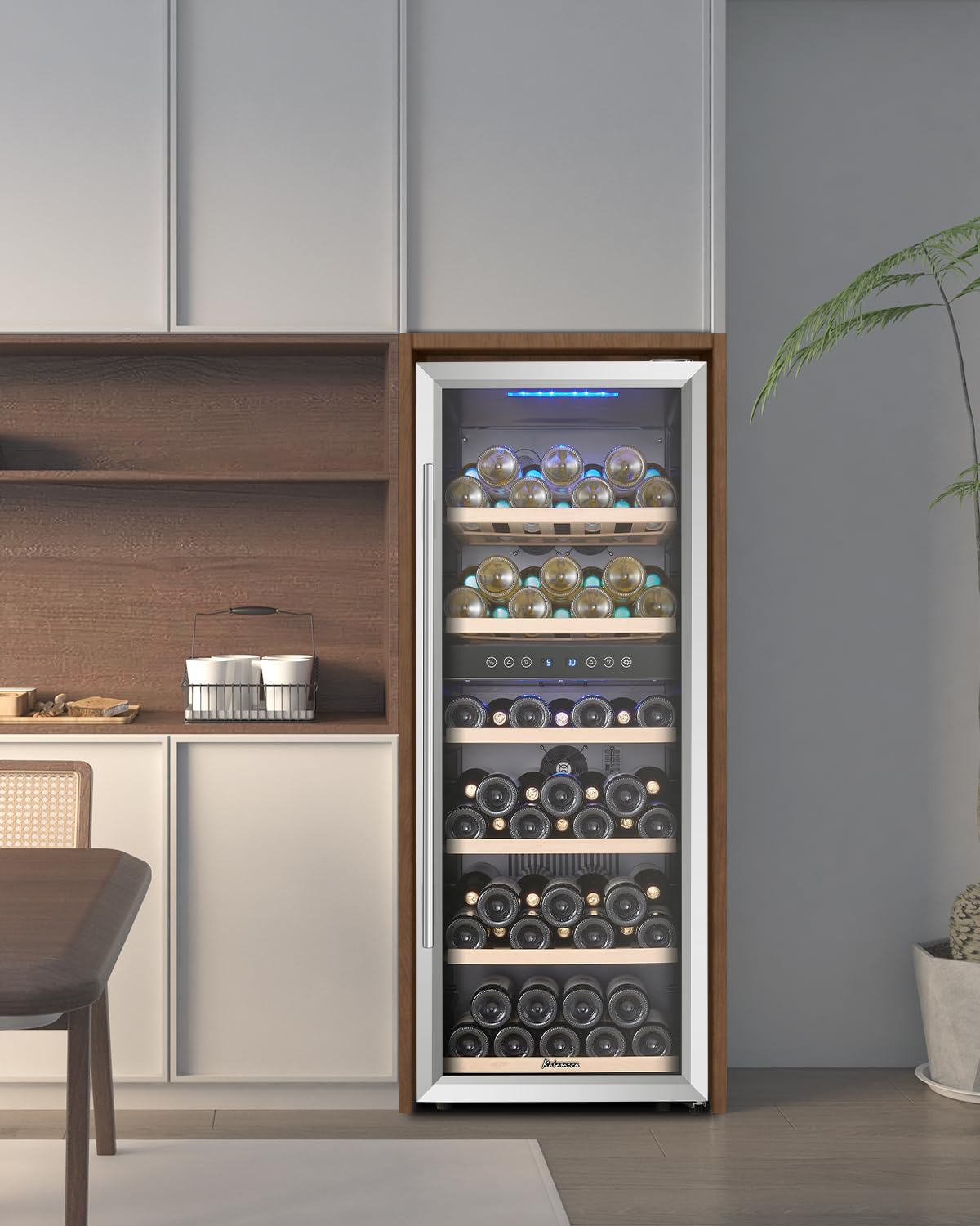 Kalamera KRC-73BSS Frigorifero Vino Designer, Fino a 73 Bottiglie (310mm Altezza), 2 Zone 5-10°C/10-18°C, Compressore, Pannello LED, Porta Inox Illuminata