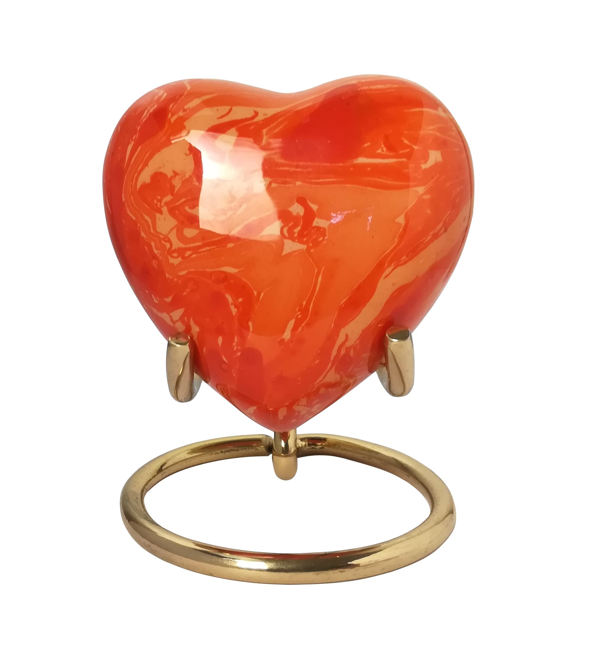 Stunning Metal Heart Urn for Ashes Keepsake Human Pet Cremation Love Memorial Small Mini 3" + Stand Presentation Box & Bag (Orange)