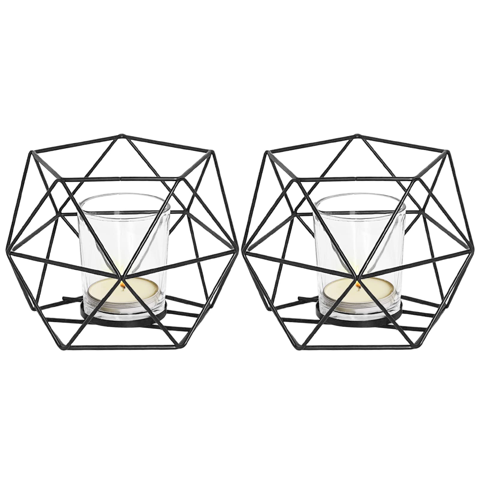 Portavelas de Metal Dorado Candelabro Juego de 2 portavelas geométricos portavelas de té, decoración de Mesa, Navidad, portavelas Dorado para jarrones, Bodas, decoración de Mesa (Negro)