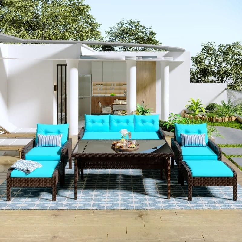 Outdoor Furniture Set, Outdoor Furniture,Patio Conversation Sets, 6-Piece Outdoor Patio PE Wicker Rattan Sofa Set Dining Table Set with Removable Cushions and Tempered Glass Tea Table