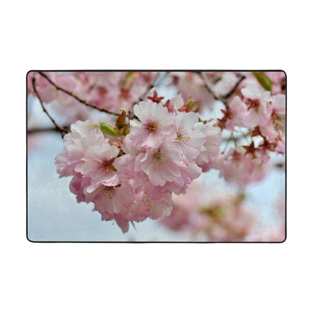 Grand tapis de salon fleurs de cerisier en velours corail soyeux de 160x122cm