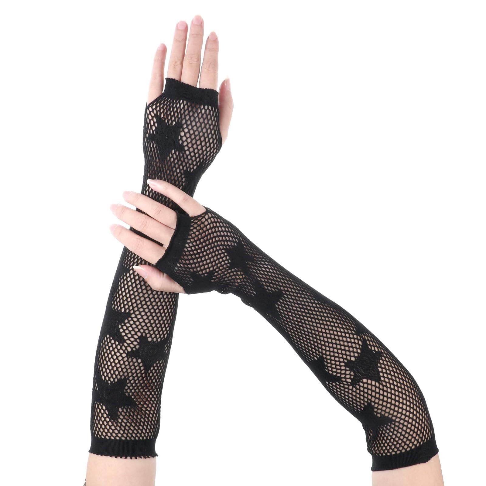 LNQKJXIIA Five Pointed Star Fingerless Gloves,Long Fishnet Arm Sleeves Black Mesh Gloves for Women Cosplay Party Halloween Costume
