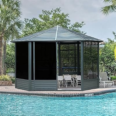 Domi 13x13FT Sunroom, Octagonal Solarium Aluminum Hardtop Gazebo with Galvanized Steel Roof, Detachable PE Screen, Sliding Door, Sun Room Pavilion Gazebo for Deck Backyard Garden